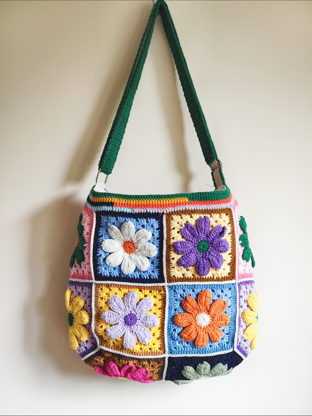 Handcrafted Multicolor Crochet Daisy Shoulder Bag,Cottagecore Crossbody Bag
